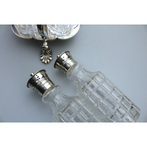 A fine antique silver plate Warwick type cut glass 5 bottle Cruet Stand C.1863