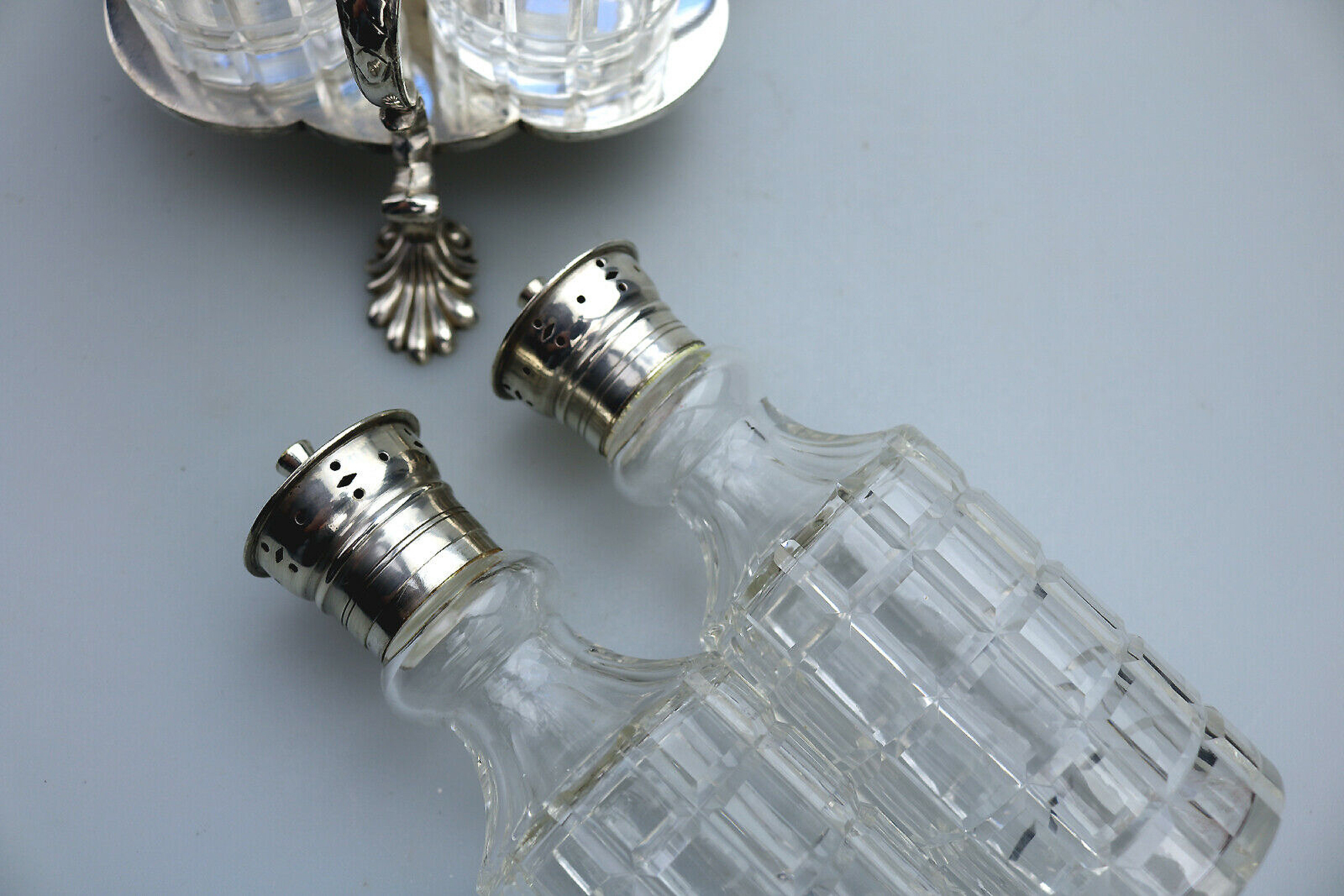A fine antique silver plate Warwick type cut glass 5 bottle Cruet Stand C.1863