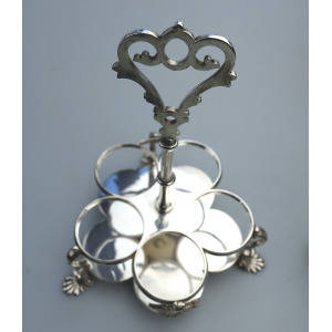 A fine antique silver plate Warwick type cut glass 5 bottle Cruet Stand C.1863