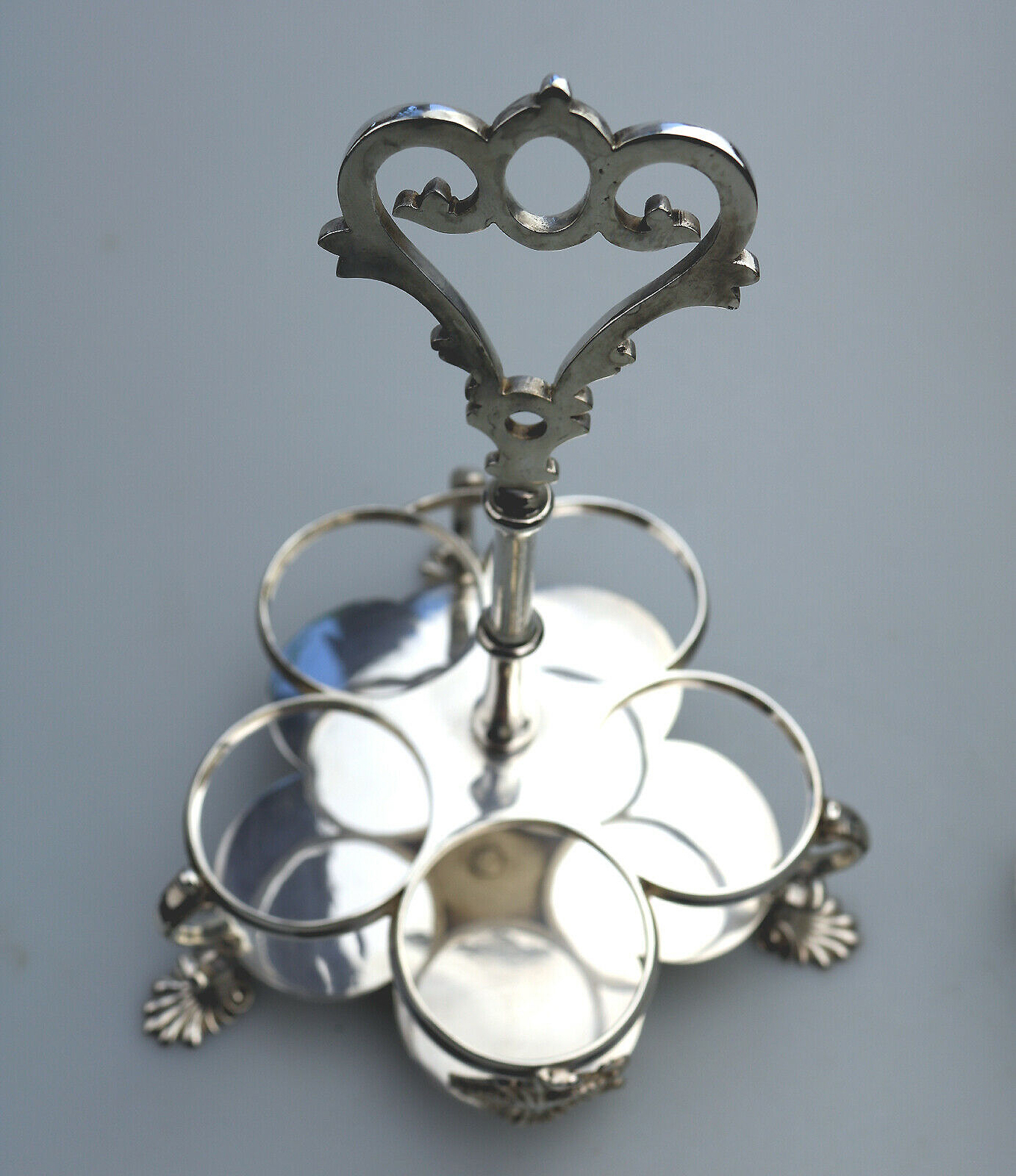 A fine antique silver plate Warwick type cut glass 5 bottle Cruet Stand C.1863