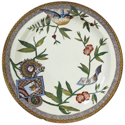 Antique Victorian aesthetic Wedgwood polychrome clobbering pottery Plate C.1881
