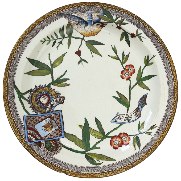 Antique Victorian aesthetic Wedgwood polychrome clobbering pottery Plate C.1881