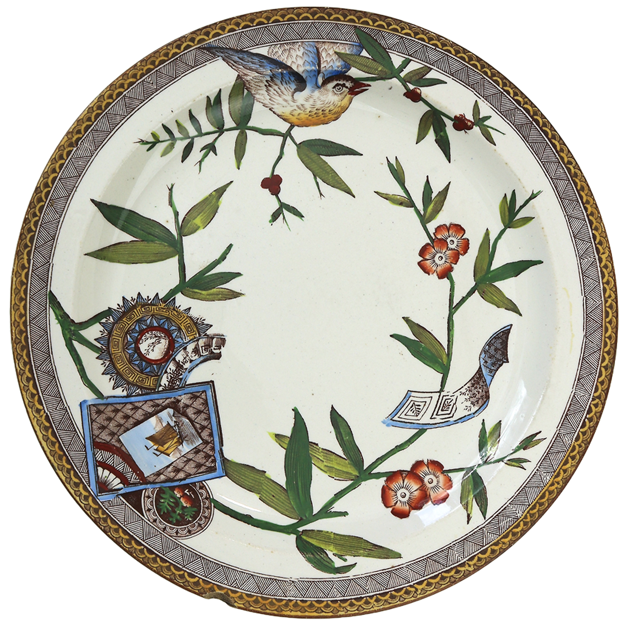 Antique Victorian aesthetic Wedgwood polychrome clobbering pottery Plate C.1881