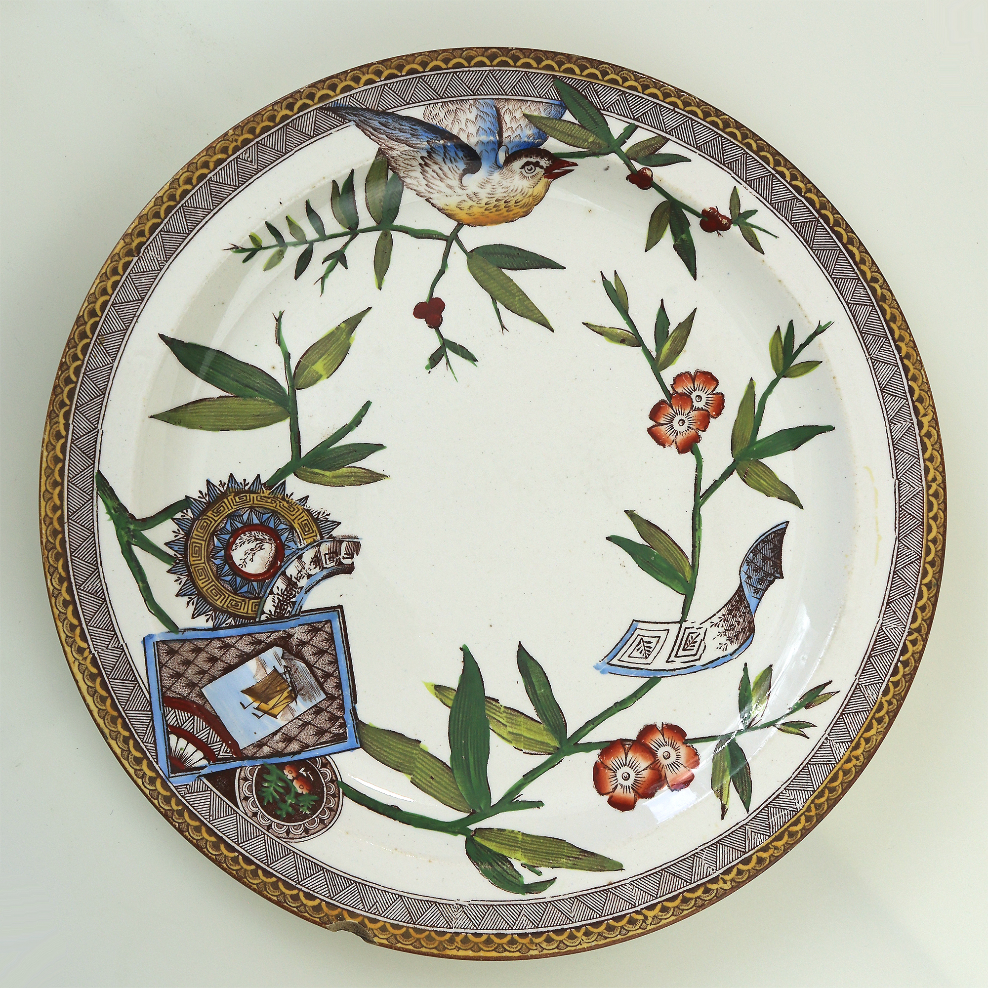 Antique Victorian aesthetic Wedgwood polychrome clobbering pottery Plate C.1881